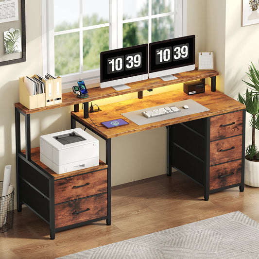 JHK Gaming Computer Desk With LED Lights And Drawers