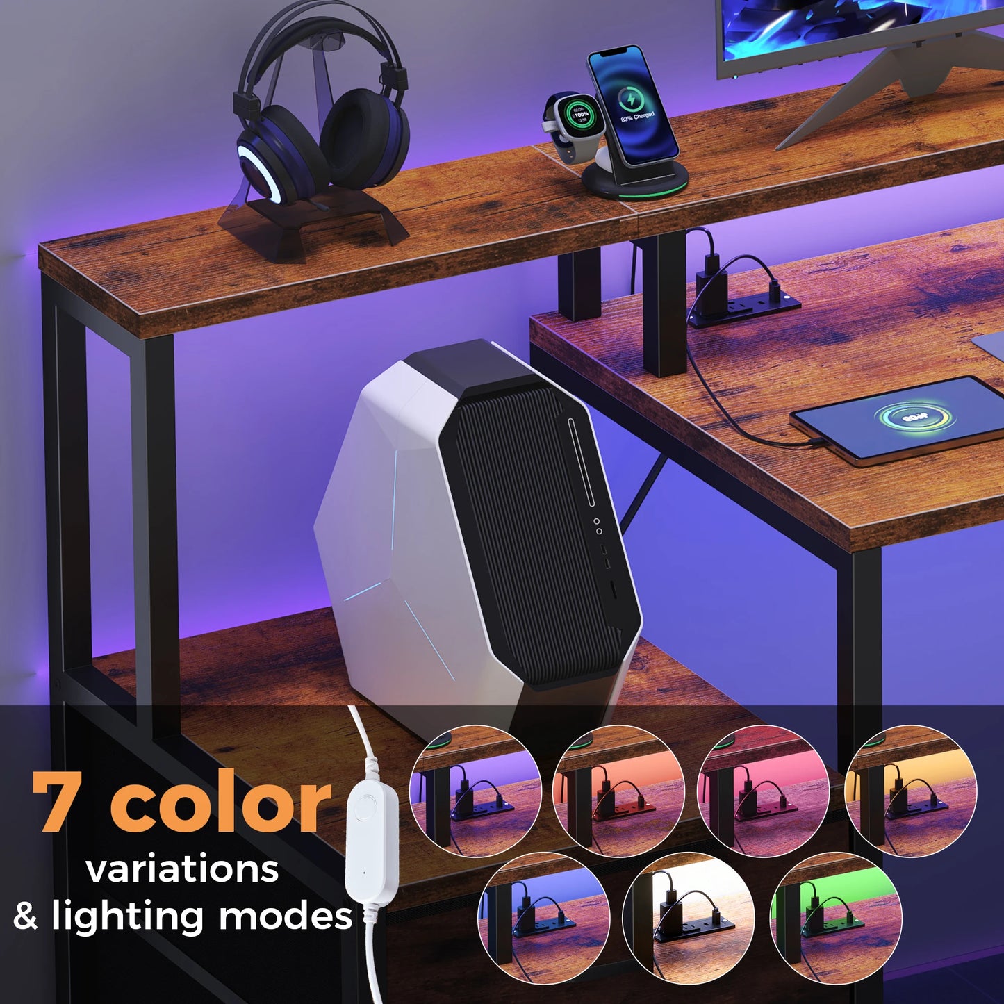 JHK Gaming Computer Desk With LED Lights And Drawers
