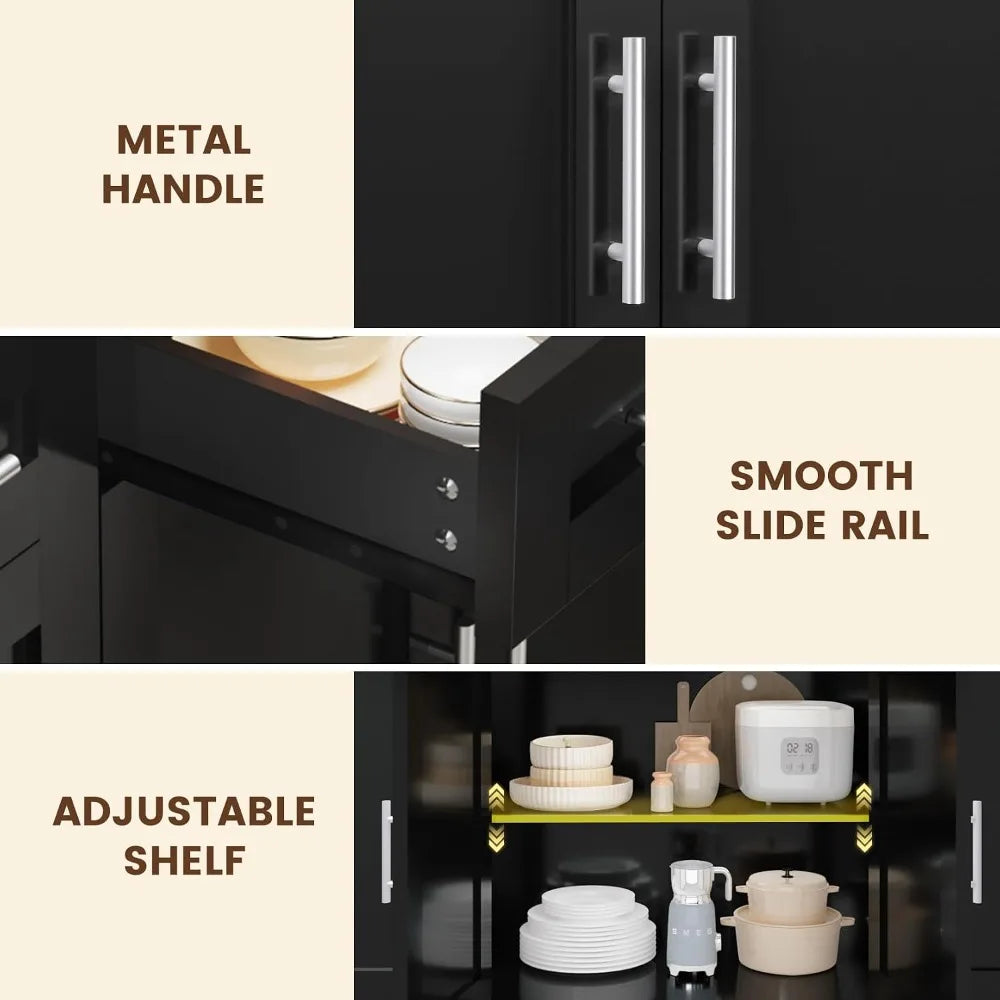 53 inch rolling kitchen island by S And B Enterprise; black finish, metal handles, smooth slide rail, adjustable shelf