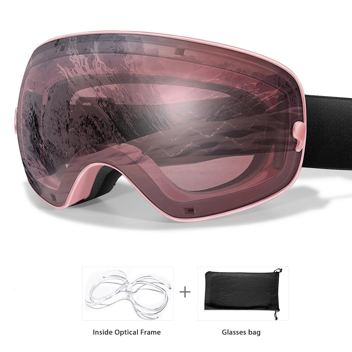 Pink ski goggles with UV400 anti-fog lenses; includes free optical frame and glasses bag