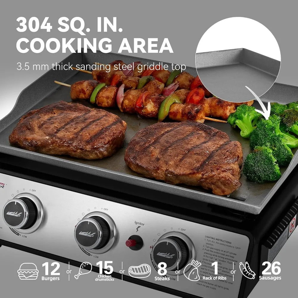 Portable 3-burner tabletop gas griddle, black and silver, 25,500 BTU, 304 sq in surface, two burgers on grill