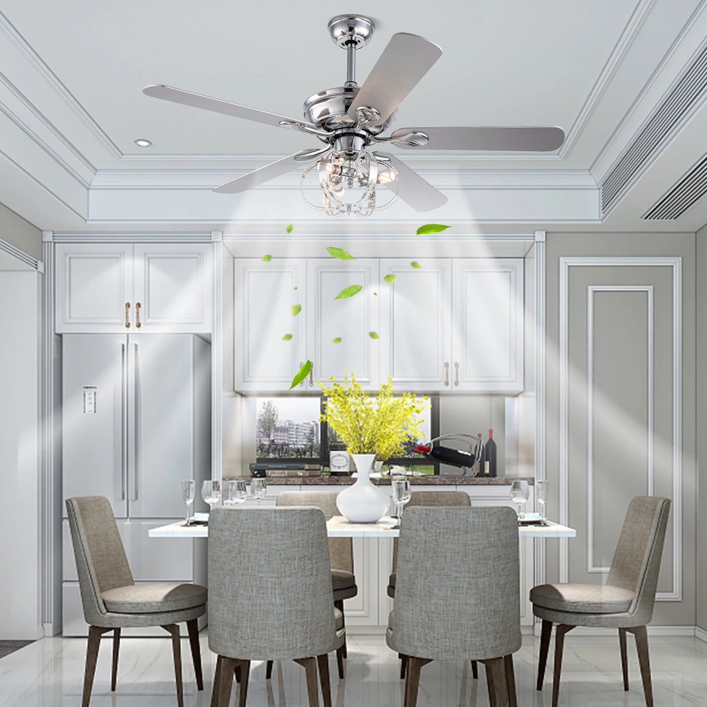 52-inch indoor ceiling fan with chrome finish, light kit, remote, and energy-efficient reversible 3-speed motor
