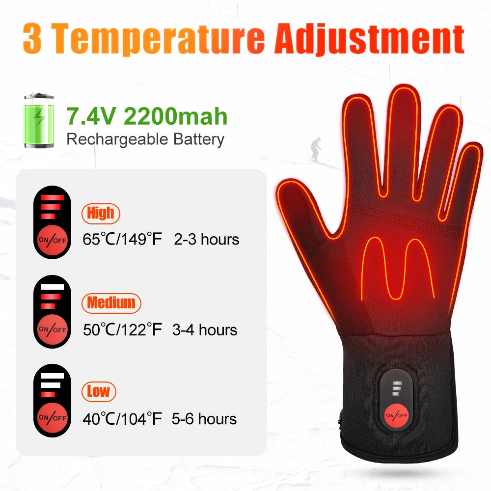 Heated gloves by S And B Enterprise; waterproof touch-screen, 3 heat settings, 7.4V 2200mAh battery.