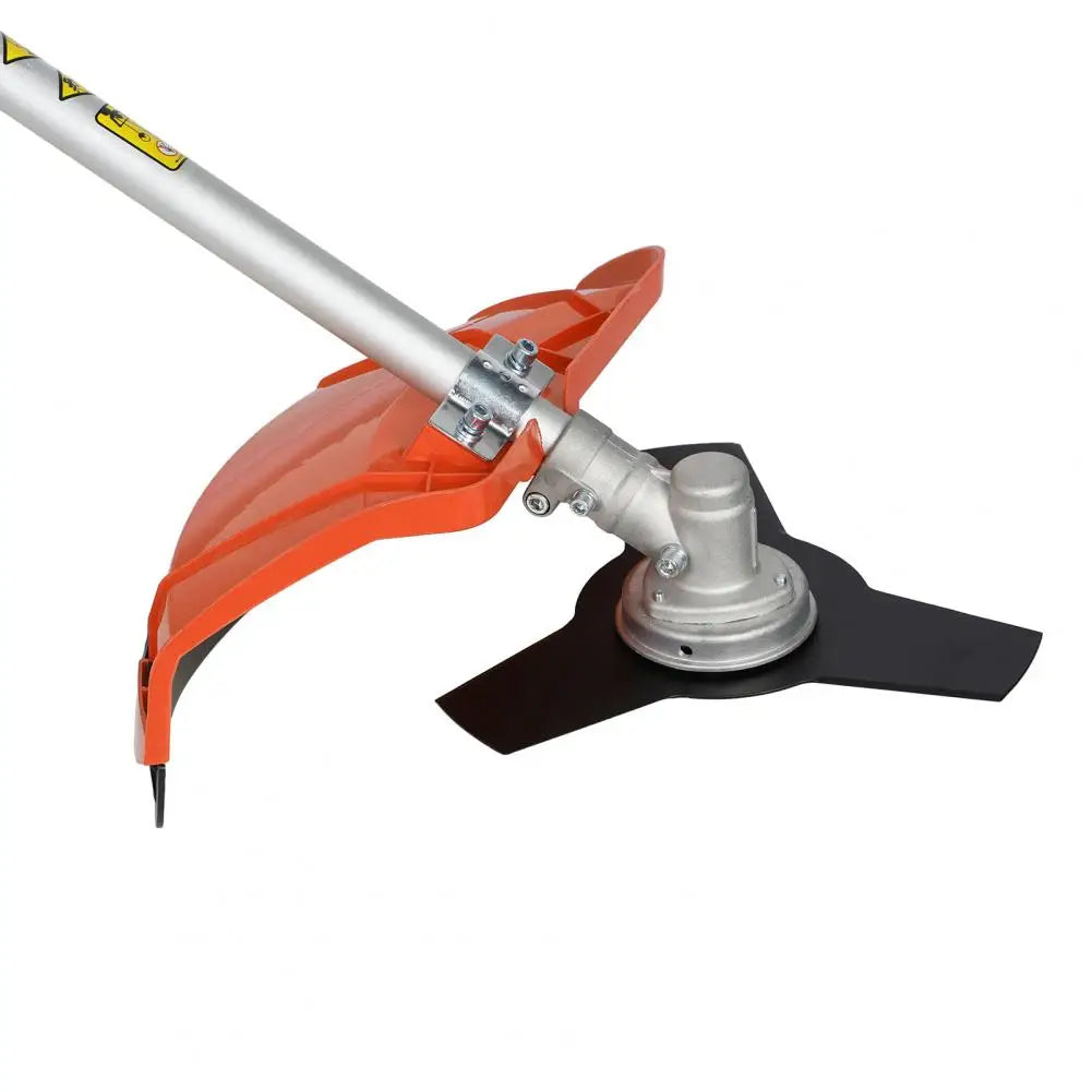 Gas-powered weed wacker with 2-in-1 hedge trimmer and brush cutter; orange shield and three-blade cutting head.