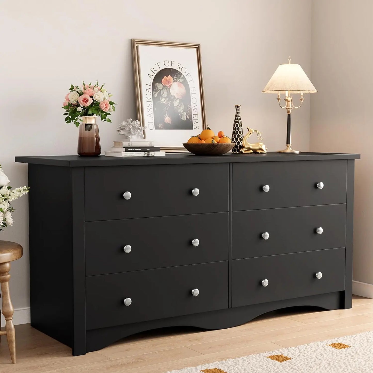 Six-Drawer Wood Dresser For Bedroom Hallway Storage And Organization