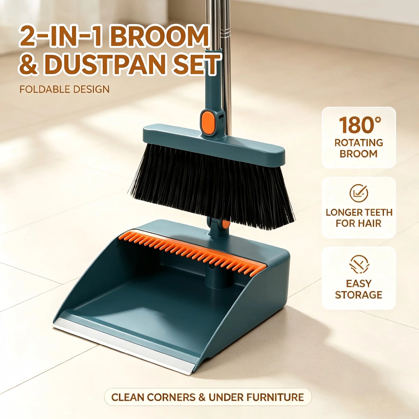 2-In-1 Foldable Broom And Dustpan Combo Set , Long Stainless Steel Handle Self-Cleaning Comb Teeth Floor Sweeping Kit, Windproof Dustpan For Pet Hair Quick Dust Removal, Household Cleaning Supplies For Home Dorm Office Bathro