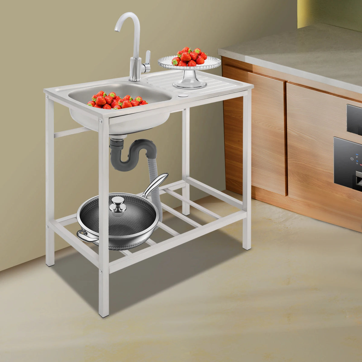 75*40*75cm Commercial Sink with Operation Countertop and Shelf, Kitchen Single Bowl Sink, Free Standing Sink with 360 Faucet