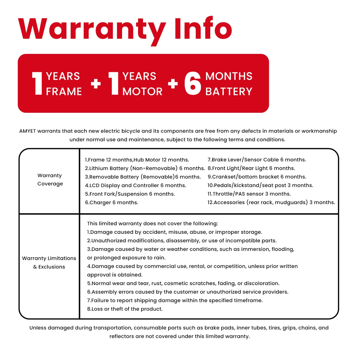 AMYET V9-G60 electric bike warranty info poster with red banner: 1 year frame, 1 year motor, 6 months battery; coverage