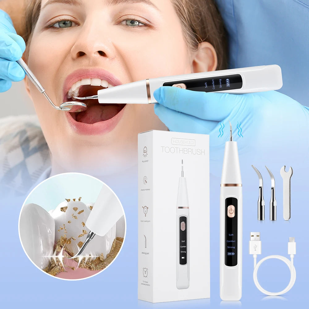Electric ultrasonic dental scaler by S And B Enterprise; white handheld device with 4 interchangeable tips and USB charger, box included