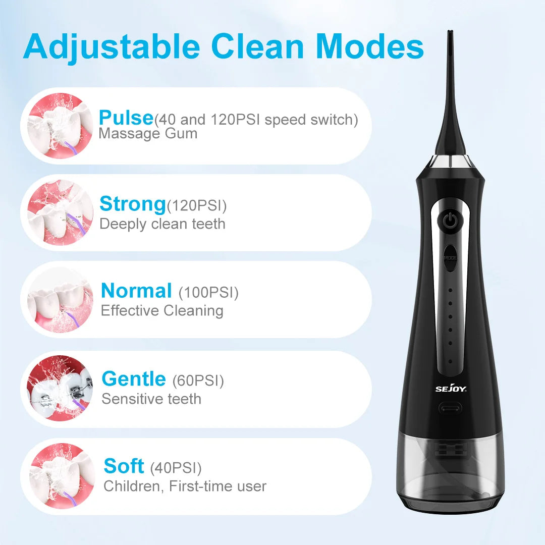 SEJOY Water Flosser Irrigator Dental Teeth Whitening strips Portable 230ML Tank 5 Modes 8 Jet Tips Washing Machine for Home by S And B Enterprise