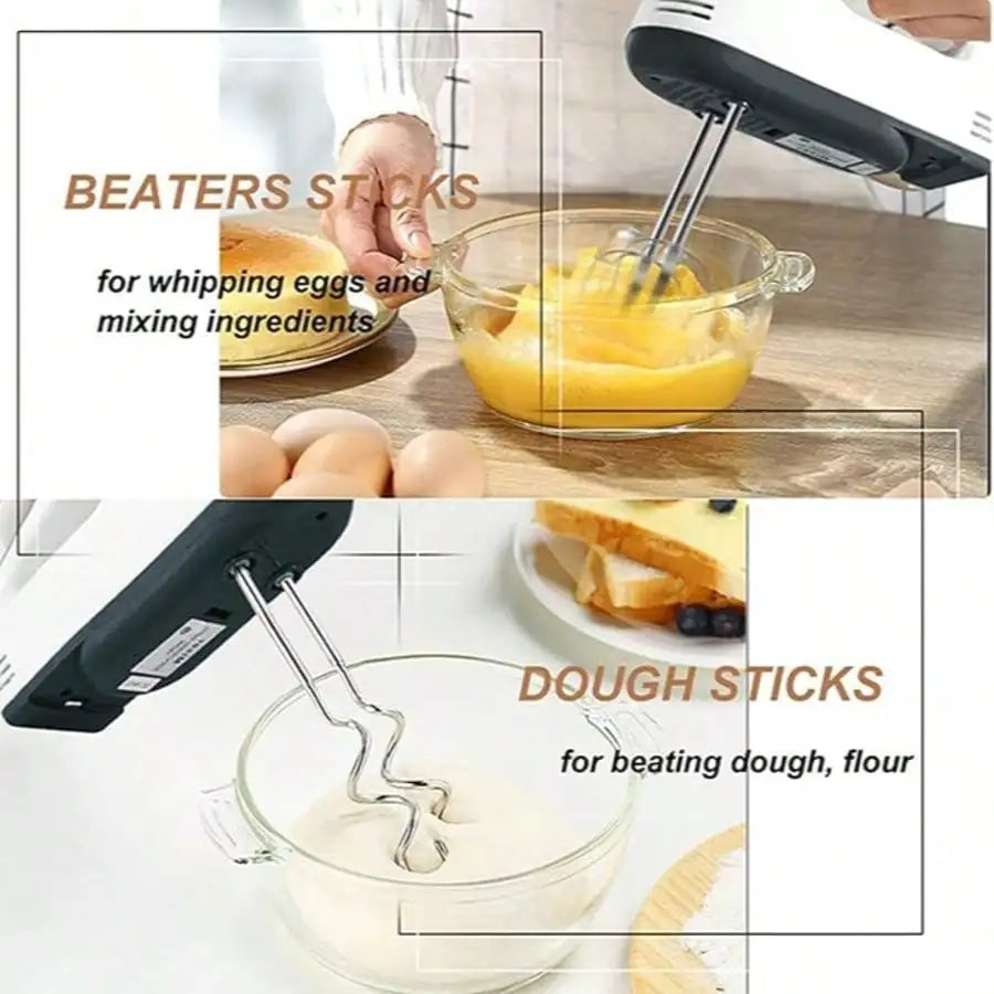 Electric handheld egg beater by S And B Enterprise with whisk attachments, 5-speed settings for home baking.