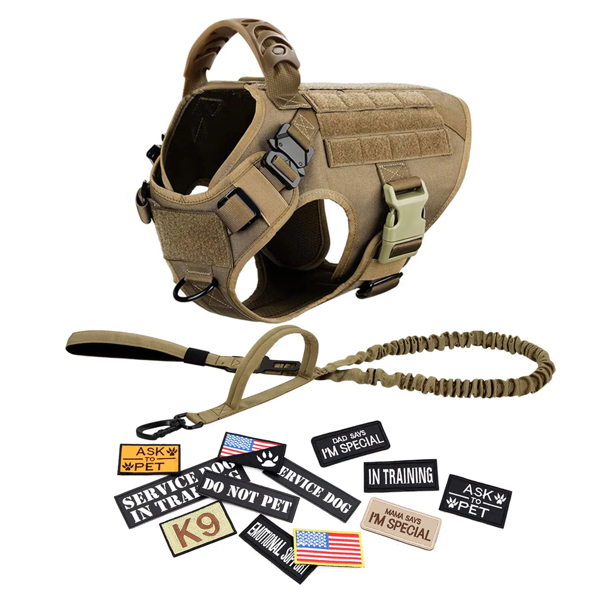 Tan military dog harness vest with handle, leash, and patches set for large Malinois by S And B Enterprise