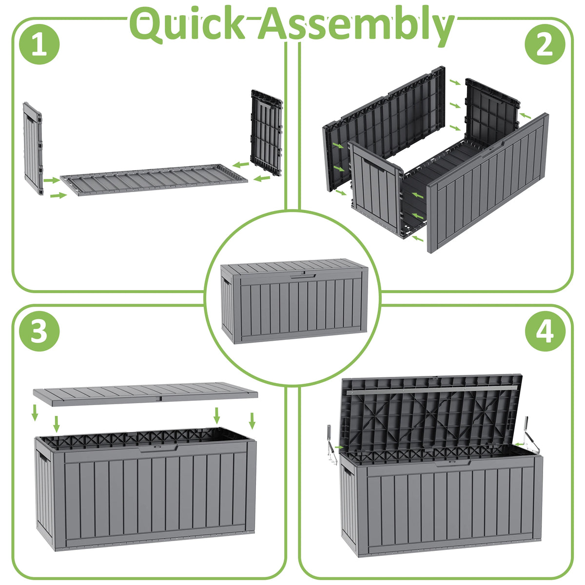 90 Gallon outdoor deck storage box in gray plastic; quick-assembly guide showing panel assembly.