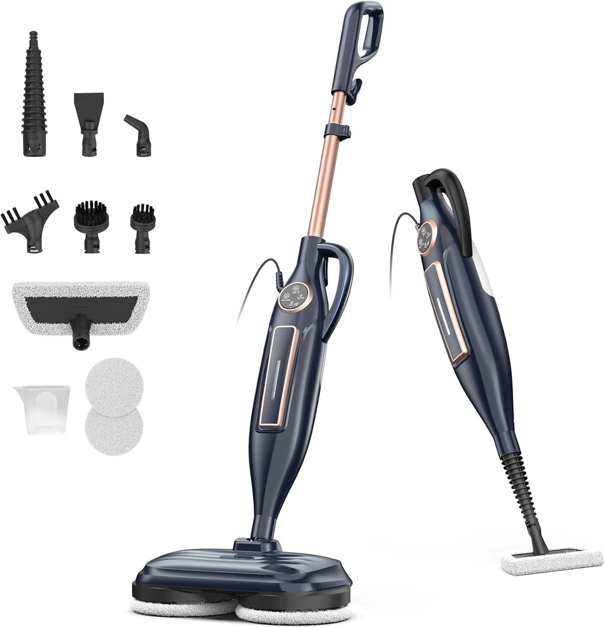 VM6 Steam Mop Cleaner with rotating mop pads, dark blue body and multiple attachments