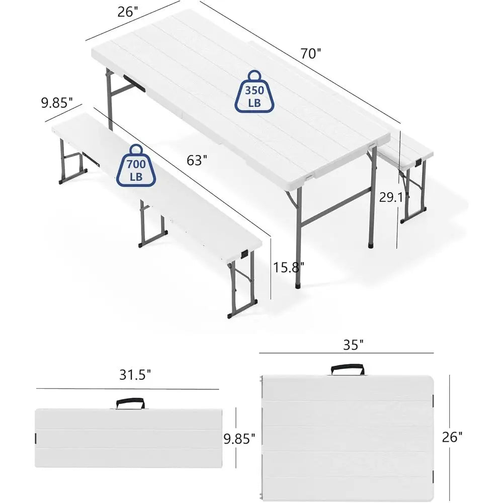 White outdoor folding table and two benches set by S And B Enterprise