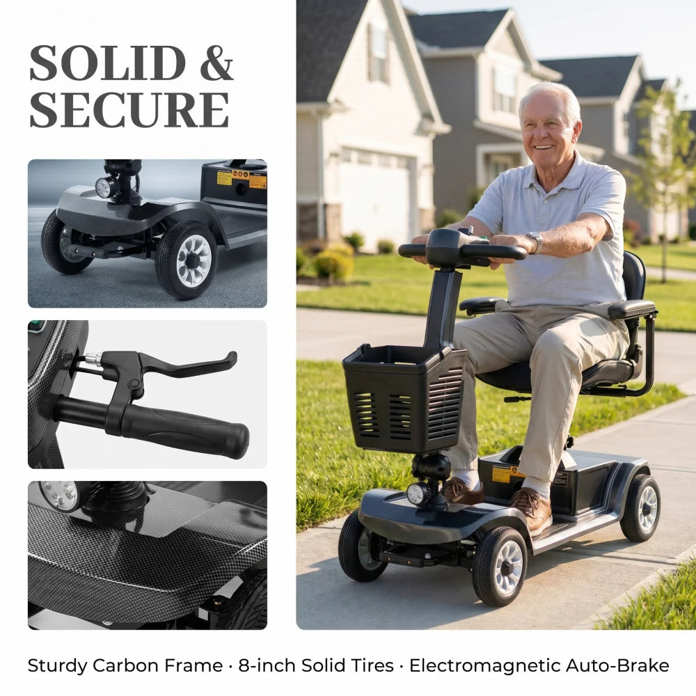 Unificare 250W electric mobility scooter; 4-wheel foldable travel scooter with front basket and sturdy carbon frame