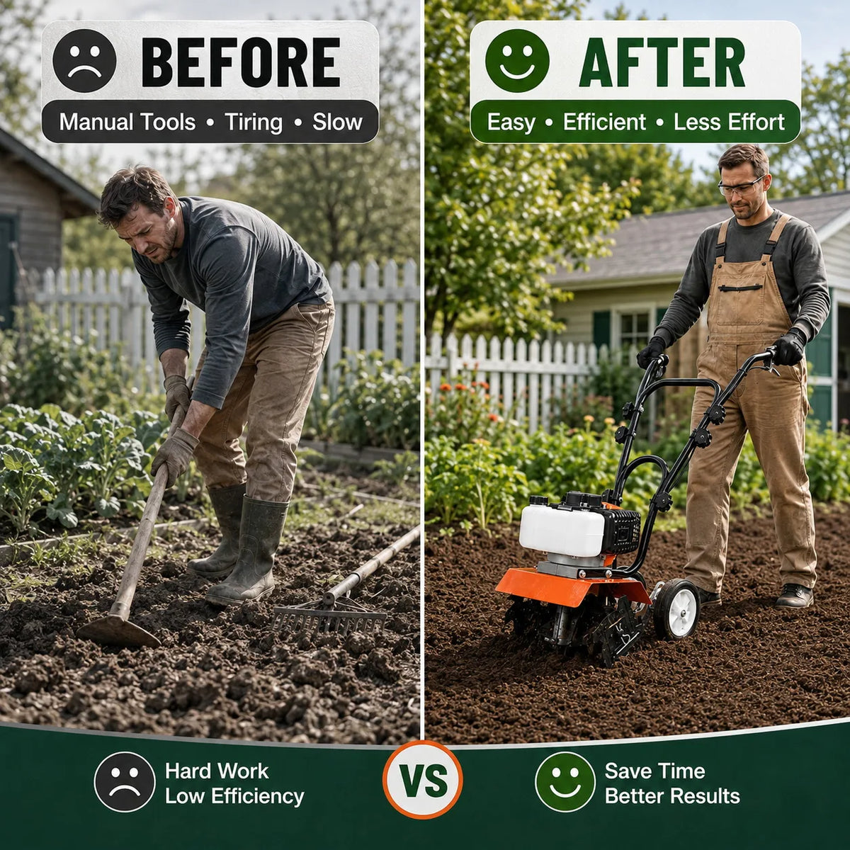 Gas-powered orange tiller cultivator with adjustable steel tines, 52cc two-stroke engine, 11.8-inch width