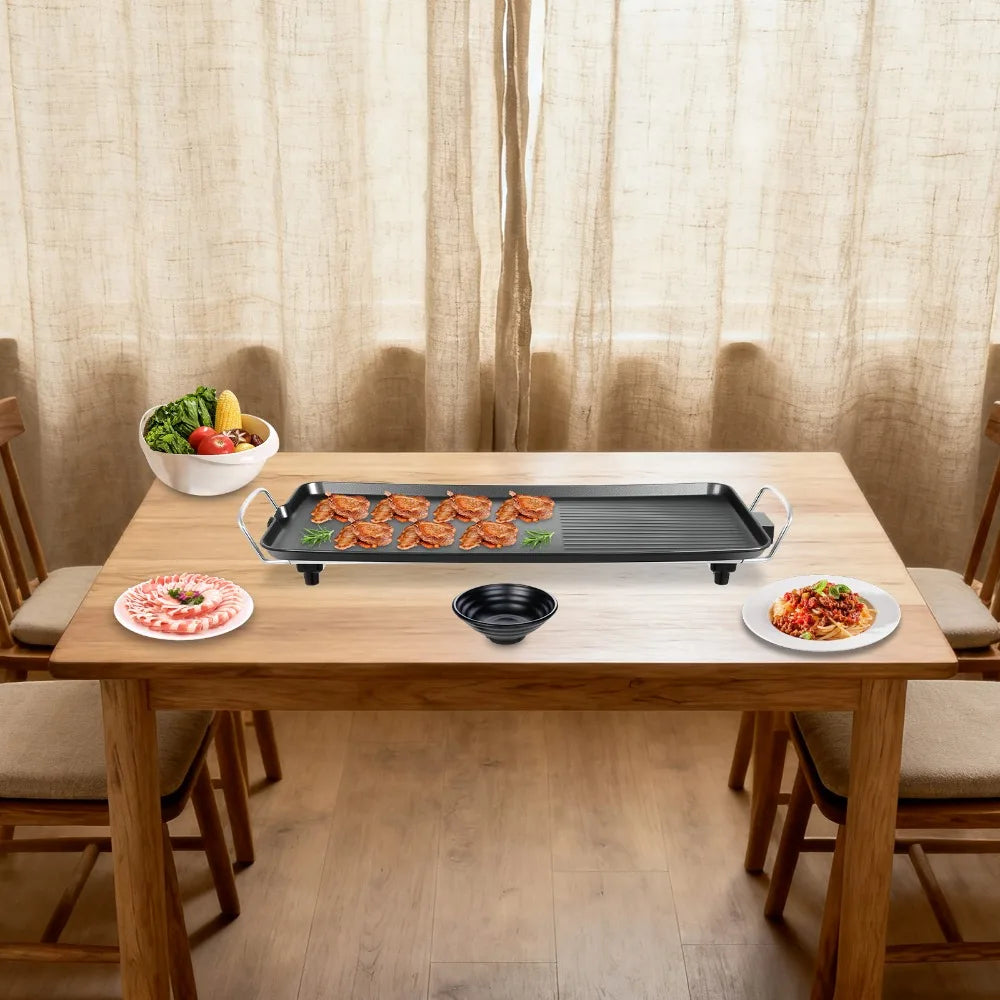 Electric griddle grill by S And B Enterprise; 68x28cm, non-stick aluminum, 1500W.