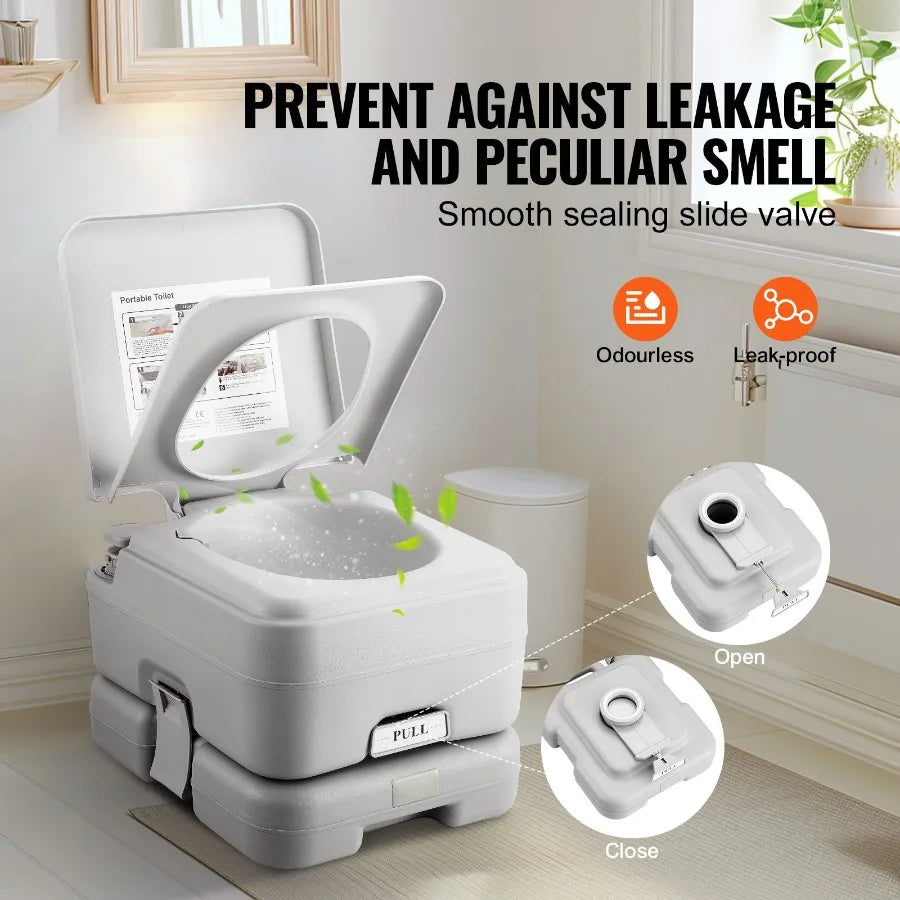 Portable white camping toilet with carry handle and 3.2 gal waste tank, pressurized flush, leak-proof