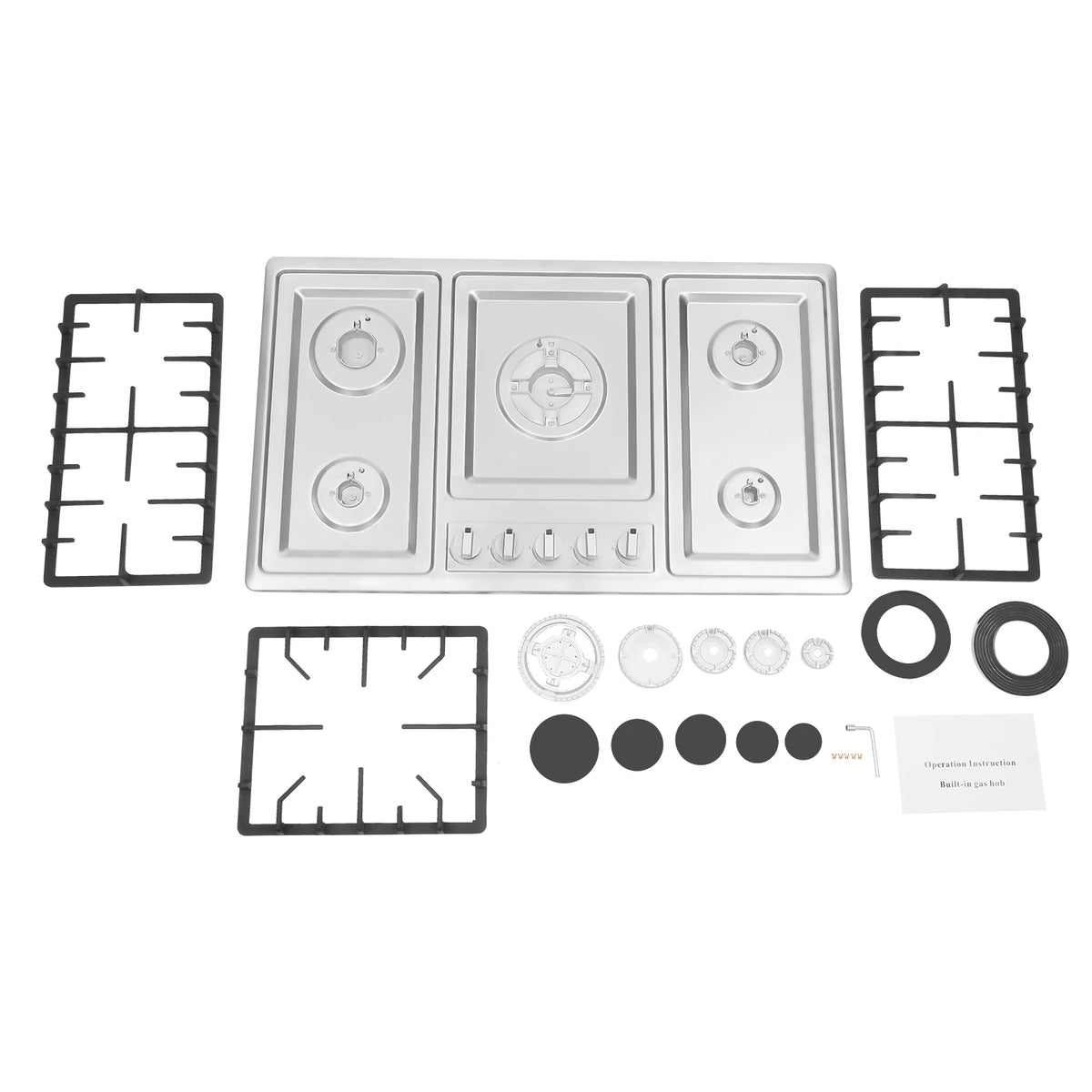 5-burner stainless steel built-in gas cooktop with grates, burner caps and installation kit components