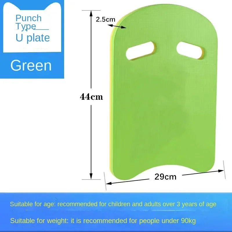 Kickboard swimming training board by S And B Enterprise; green EVA foam U-shaped kickboard, 44×29 cm, 2.5 cm thick.