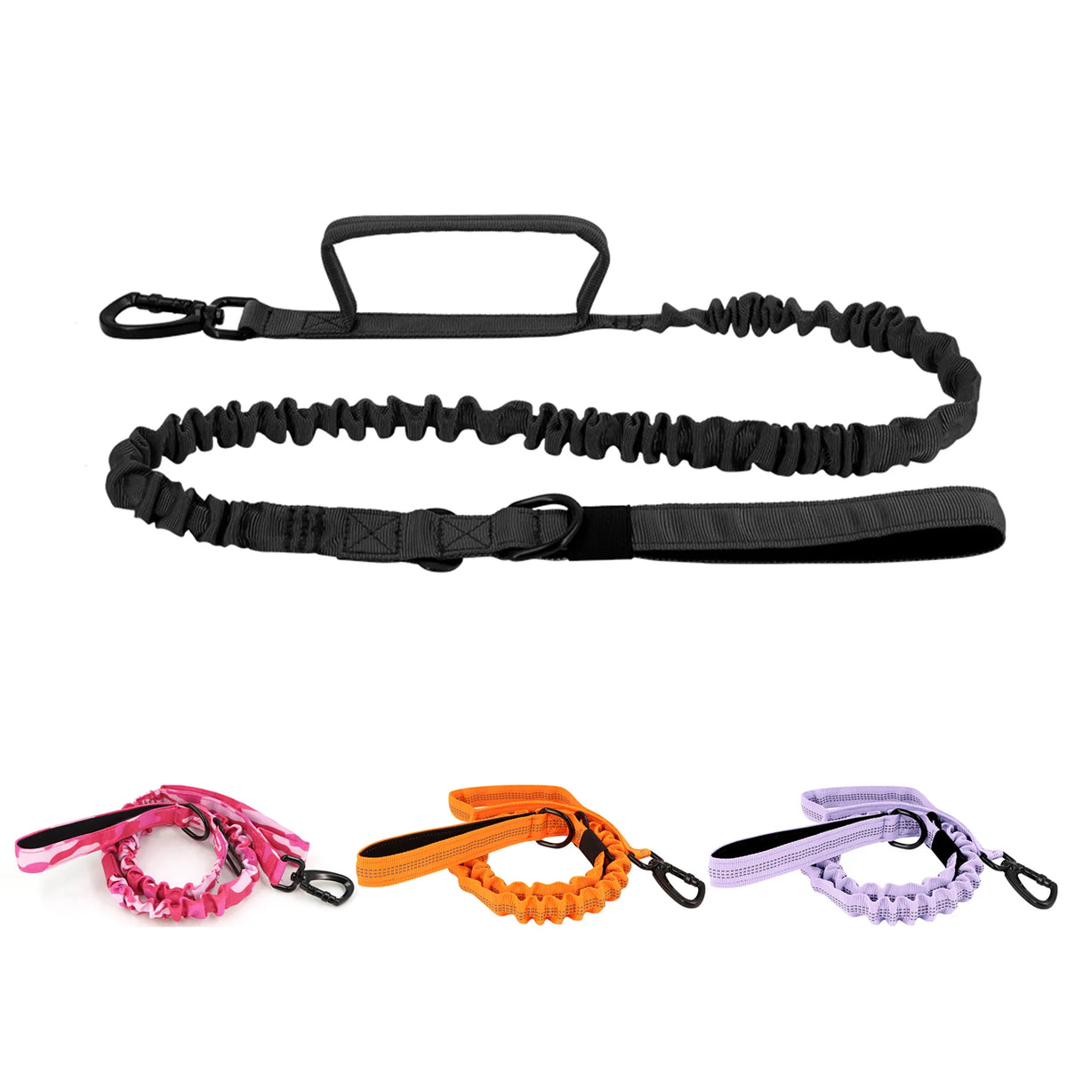 Military dog leash with elastic rope, 2 handles and quick-release; adjustable, black, pink, orange and purple variants.