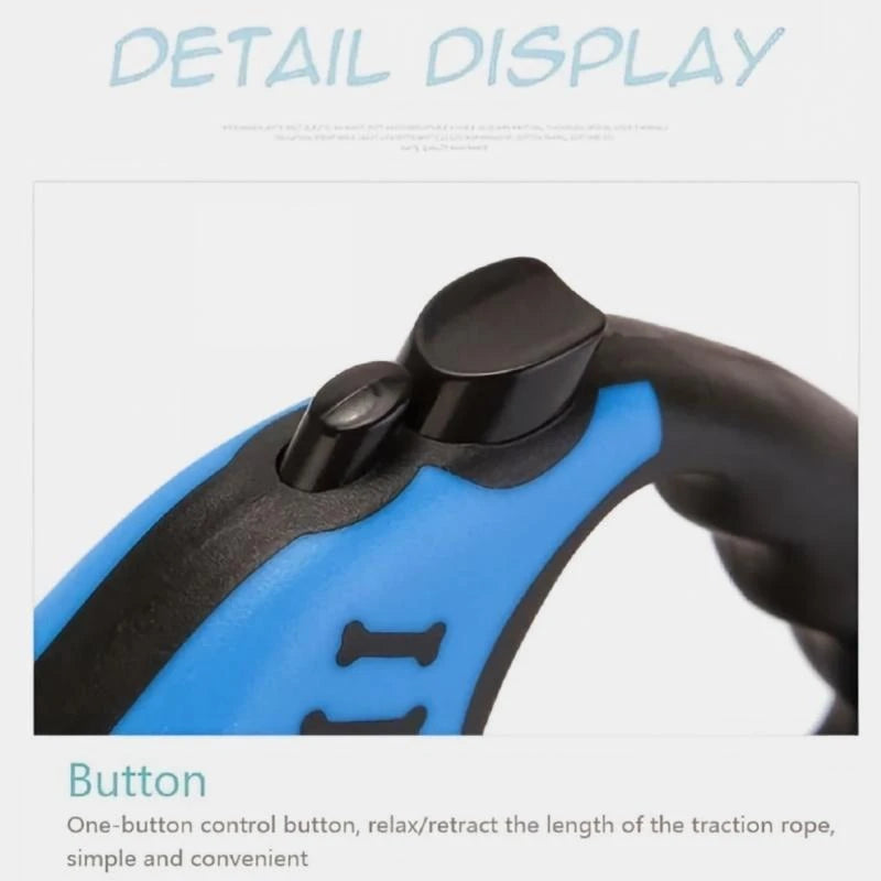 Retractable dog leash by S And B Enterprise in blue, 16.5ft, one-button lock, comfort grip.