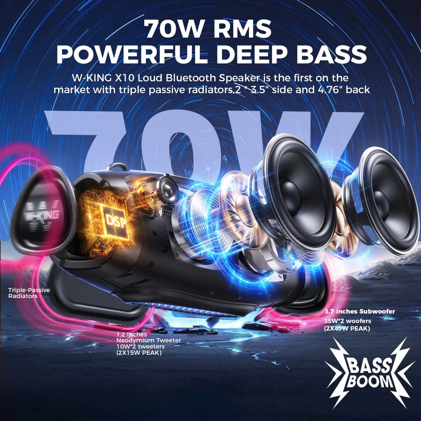 W-King 70W Portable Bluetooth Speaker With Wireless Microphone Waterproof