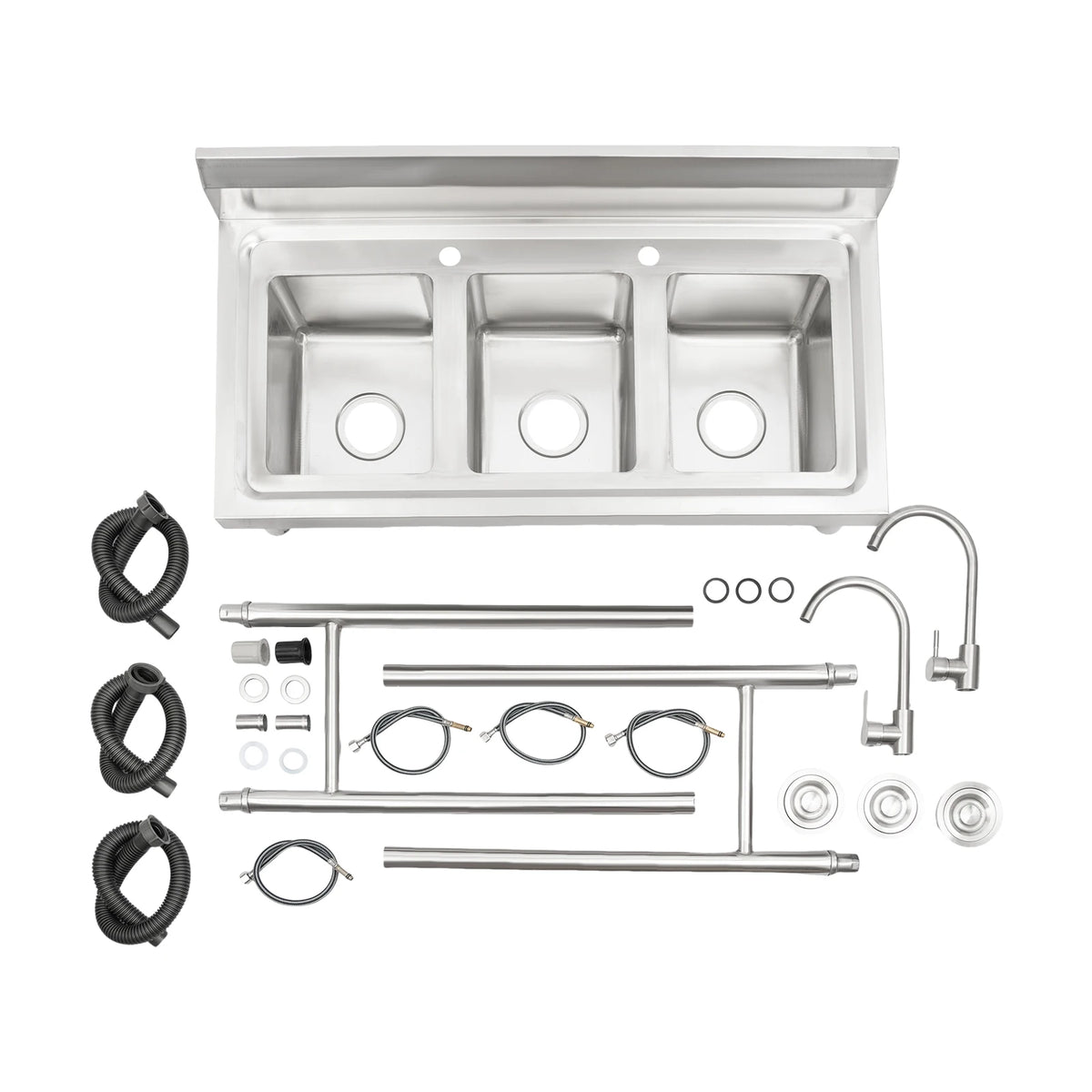 3 Compartment Stainless Steel Sink with 2 Faucets Freestanding Commercial Utility Sink Triple Bowl for Restaurant Garage Laundry