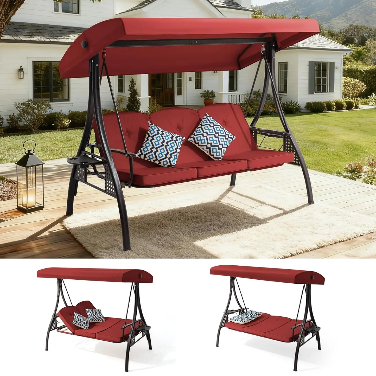 3 Seat Outdoor Porch Patio Swing with Adjustable Canopy& 7-Level Side Seat,Outdoor Swing for Adults,3 in 1, Customized by S And B Enterprise