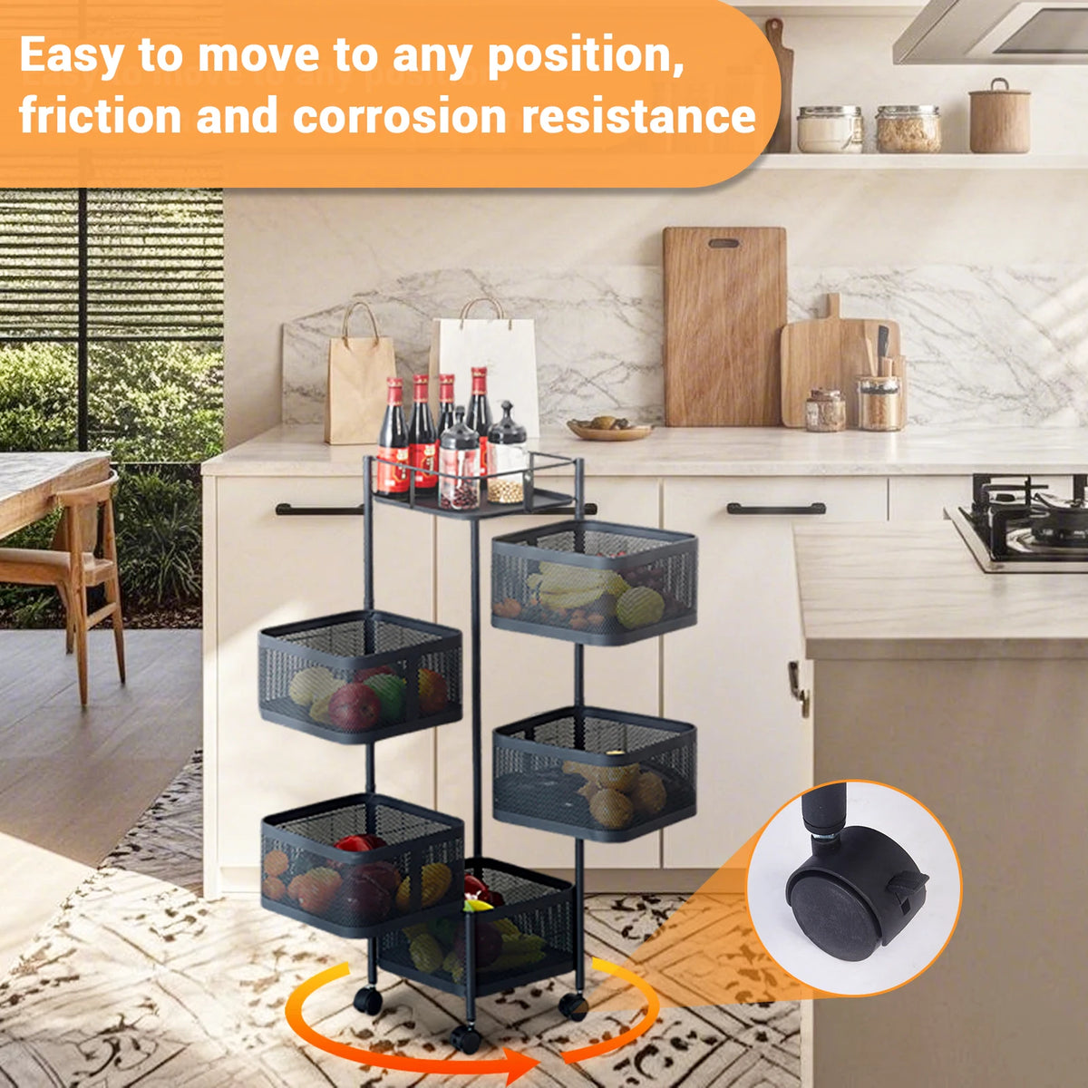 5-Tier Rotating Vegetable Storage Rack with Wheels, Metal Mesh Fruit Basket with Lid, Potato Onion Storage Organizer Cart for Kitchen,Pantry, Rolling Snack Cart for Office,Bedroom, No Assembly