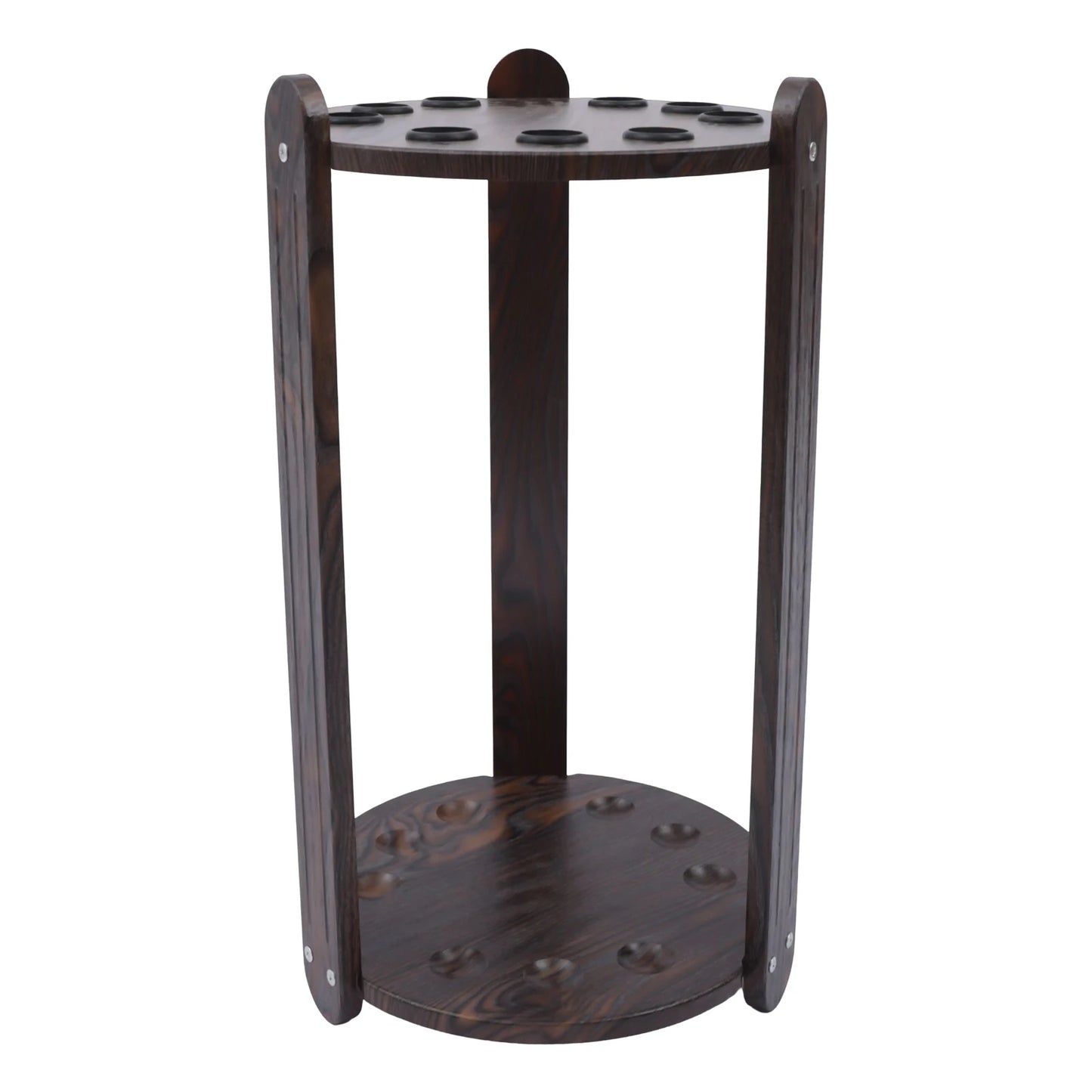 Dark-stained wood billiard cue rack with 9-hole top, corner floor stand