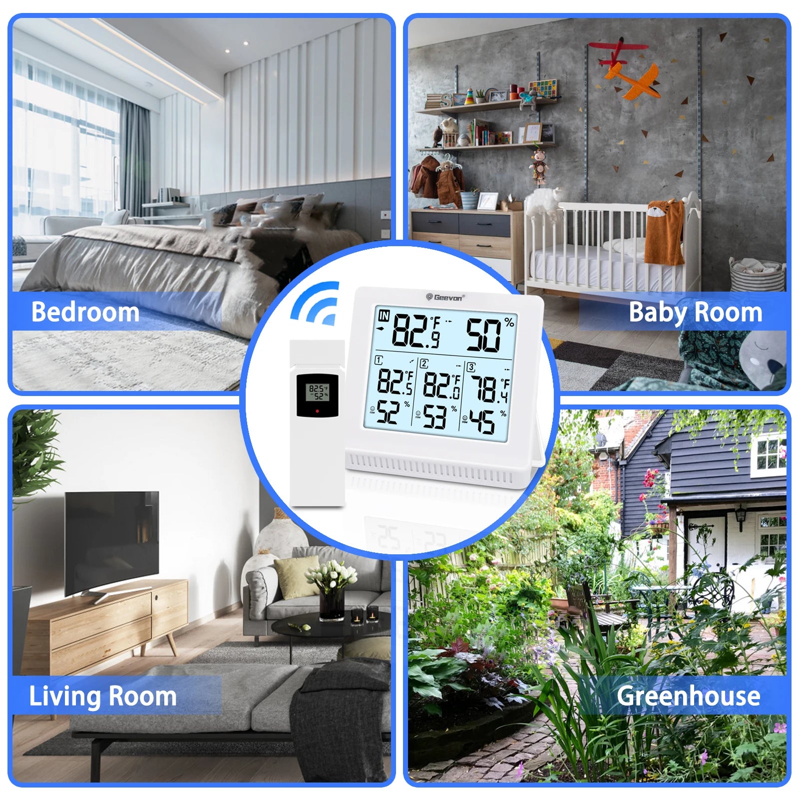 Geevon wireless indoor-outdoor thermometer with 3 remote sensors; white display by S And B Enterprise, 4-room collage