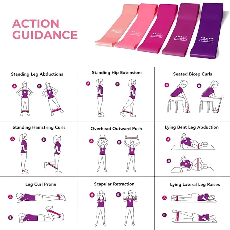 5-piece pink resistance bands set by S And B Enterprise; elastic fitness loops with home workout guide illustrations.