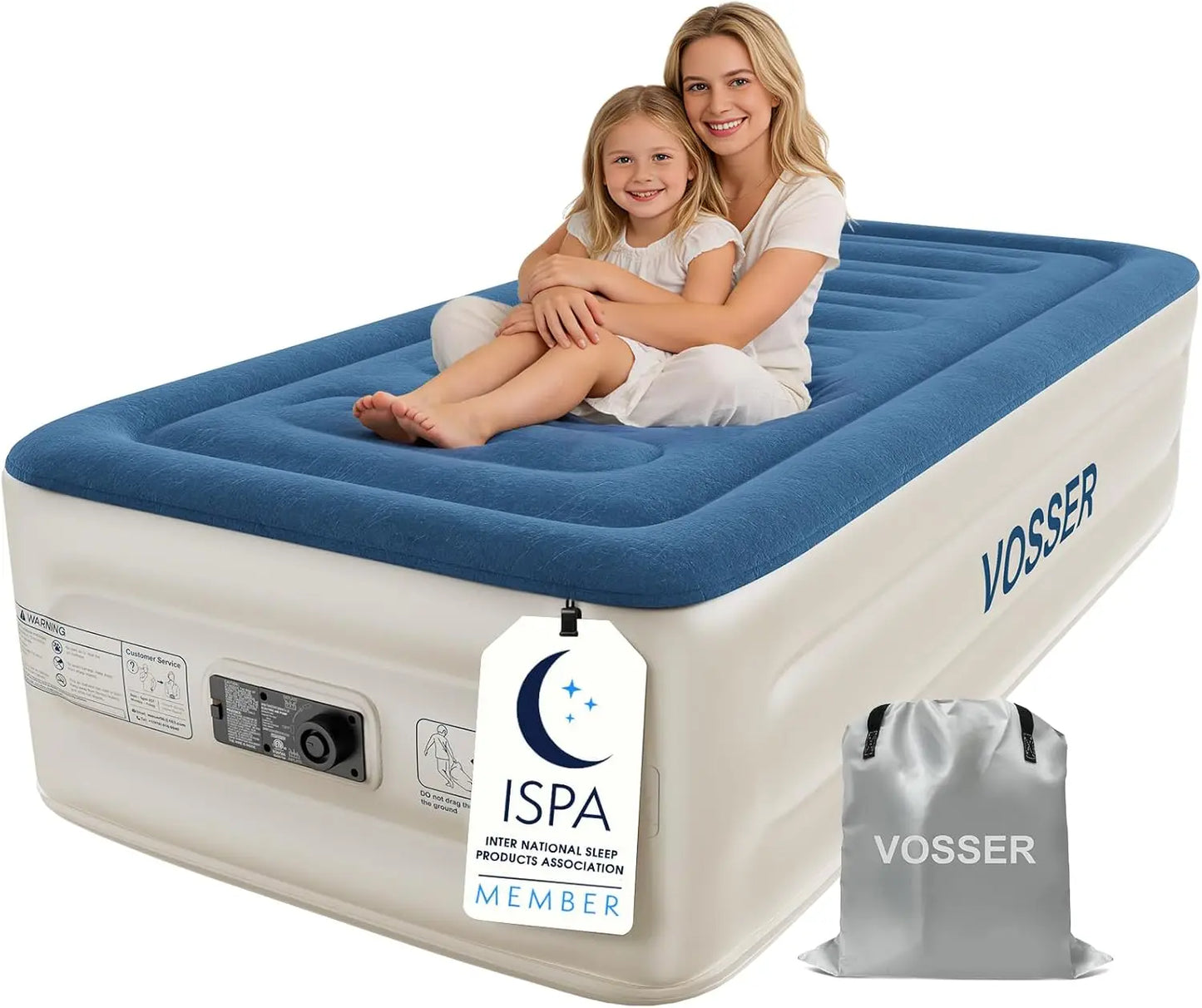 Twin air mattress with built-in pump, 18'' raised XL-Long, blue top and white sides, VOSSER logo