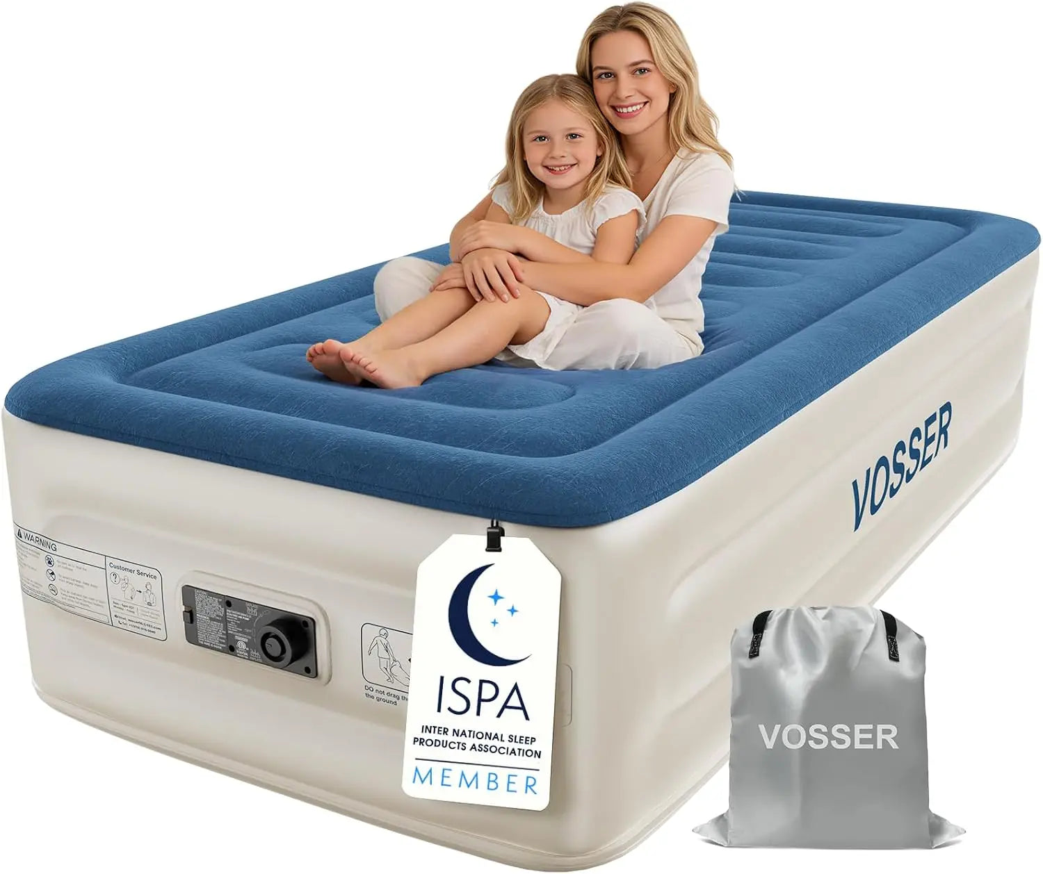 Twin air mattress with built-in pump, 18'' raised XL-Long, blue top and white sides, VOSSER logo