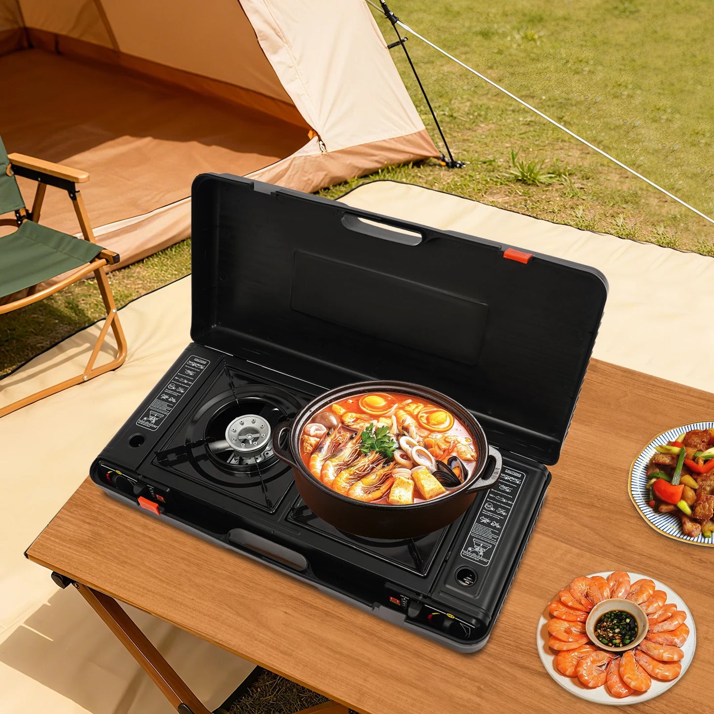 2 Burner Stove With Piezo Ignition Baking Tray Carrying Case by S And B Enterprise