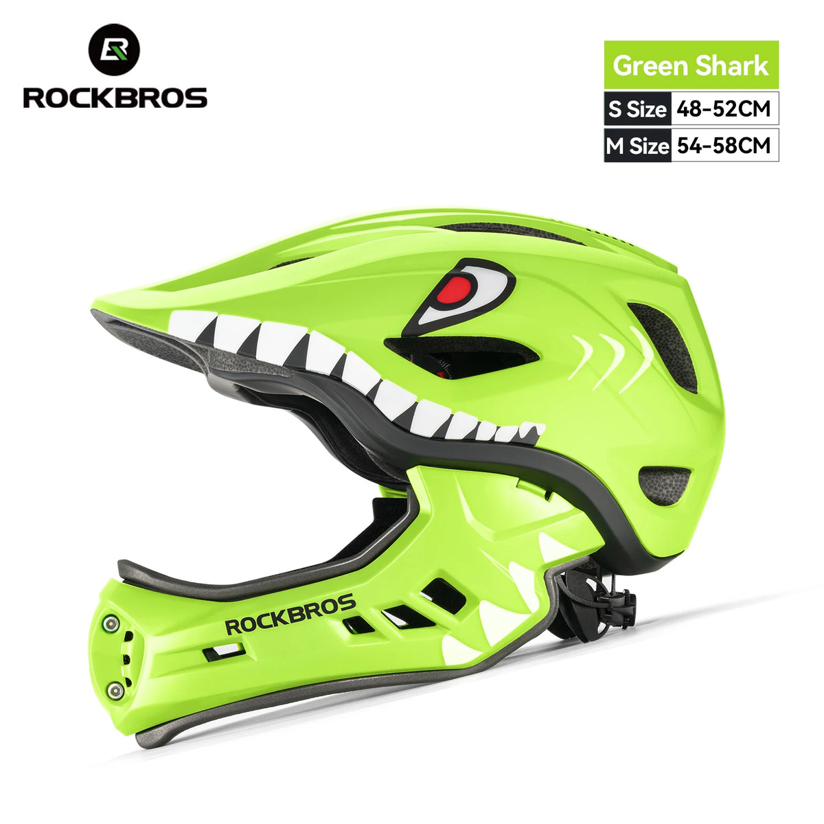 ROCKBROS child detachable full-face cross cycling helmet, bright green with shark-teeth graphic