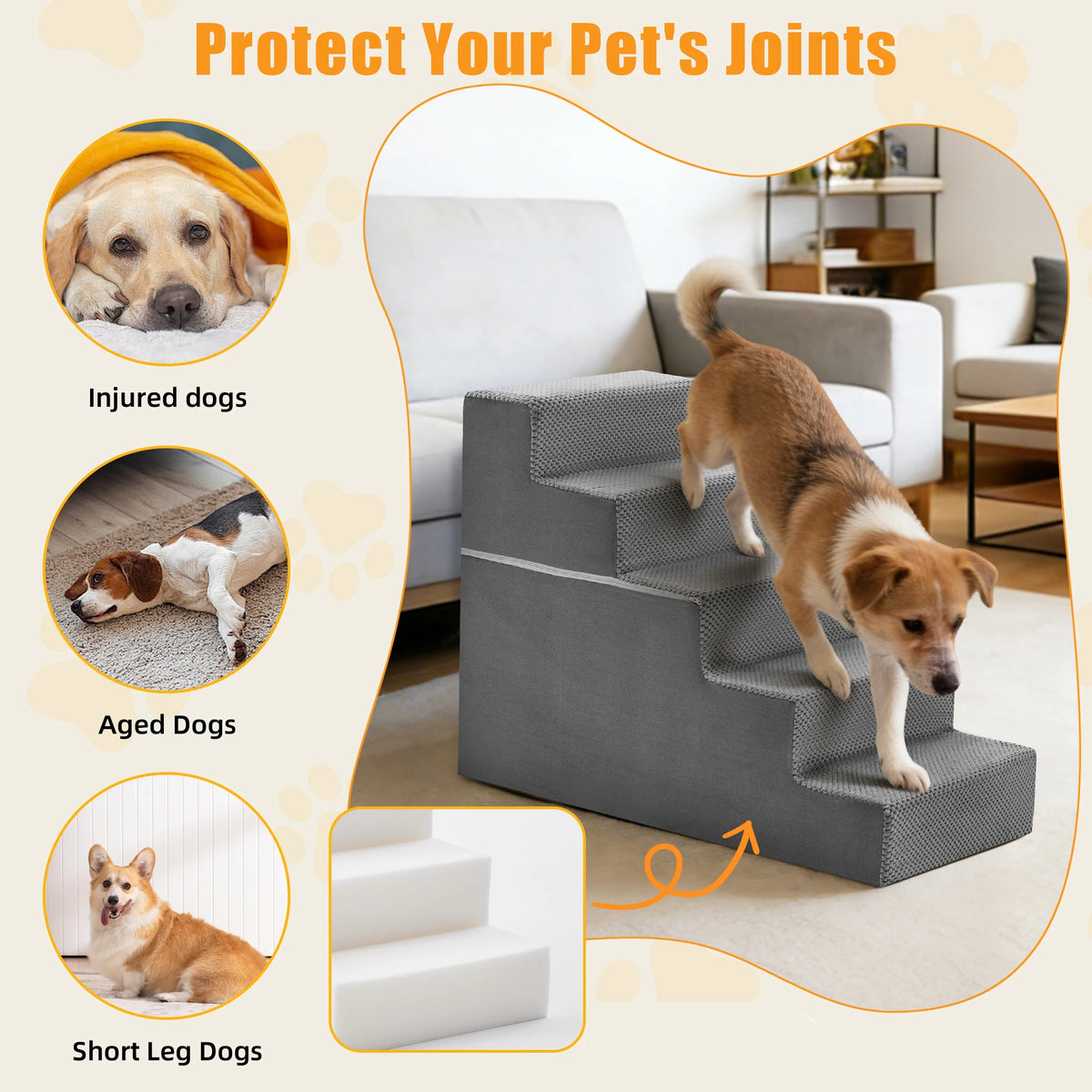 JHK 3-5 step right-angled foam dog stairs ramp for small dogs by S And B Enterprise, gray non-slip indoor pet ladder