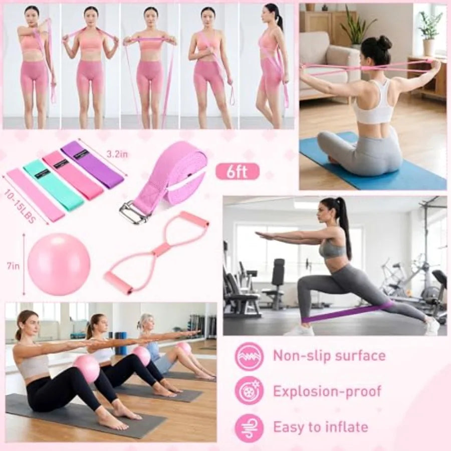 11 Pcs Pink Yoga Accessories Set for Women, Home Pilates Essential Kit for Workout Gym Lover Gifts with Yoga Mat Magic Circle T by S And B Enterprise