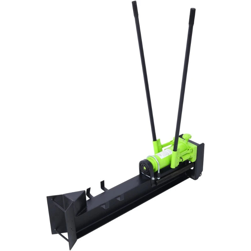 Horizontal log splitter with green hydraulic unit mounted on a black base and two long handles