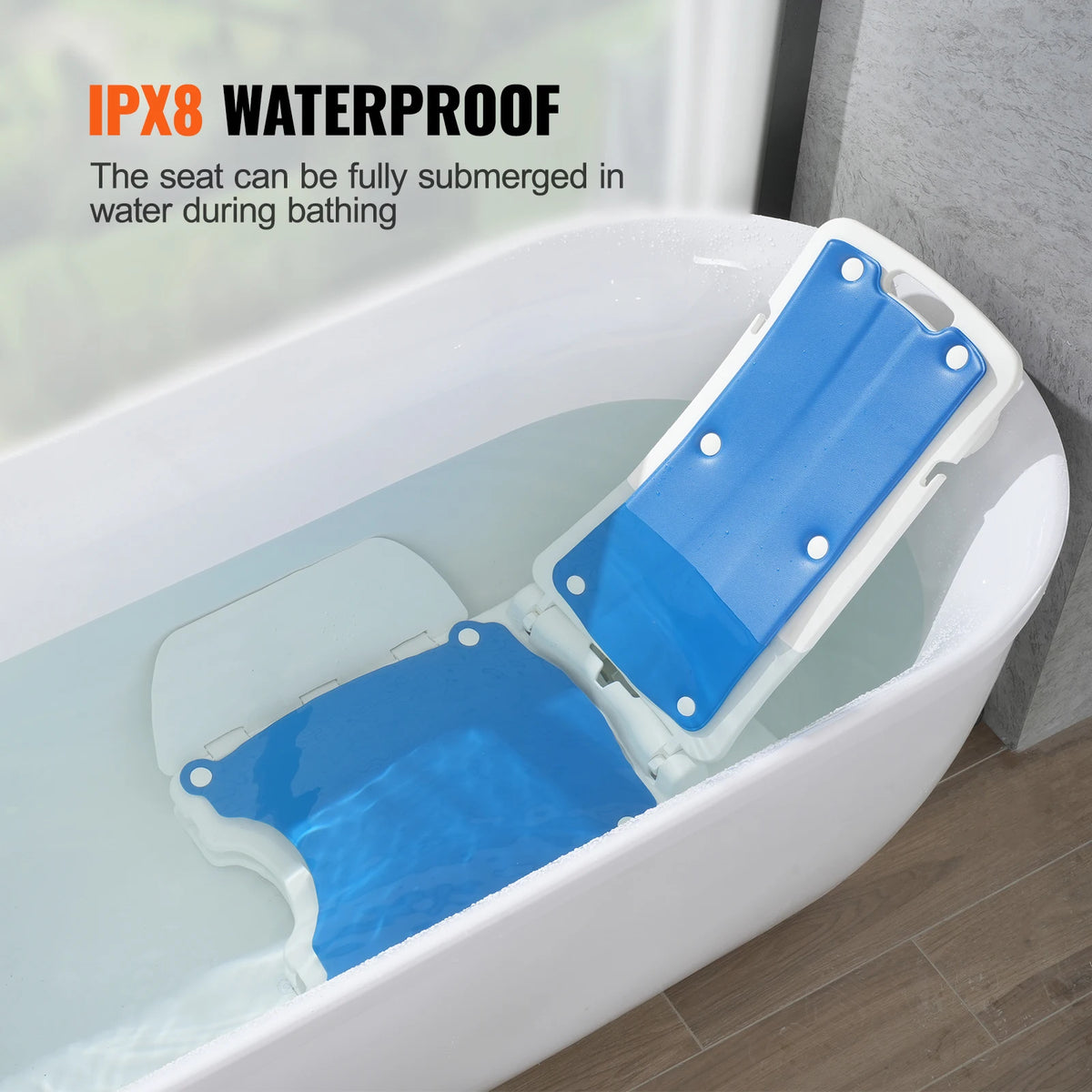 Electric bath lift chair with blue padded seat and white frame in a bathtub