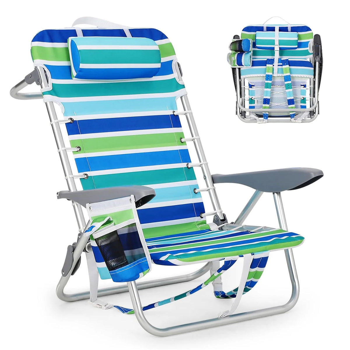 Backpack beach chair for adults by S And B Enterprise, portable striped blue-green with cup holder and phone pocket
