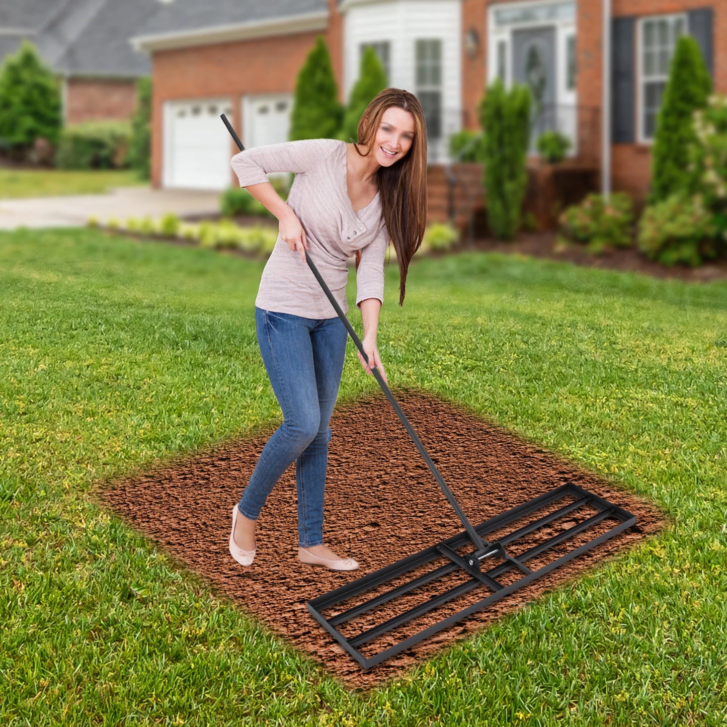 Steel lawn leveler rake with a 5.7ft black metal handle; adjustable angle, heavy-duty ground rake for yard and garden.