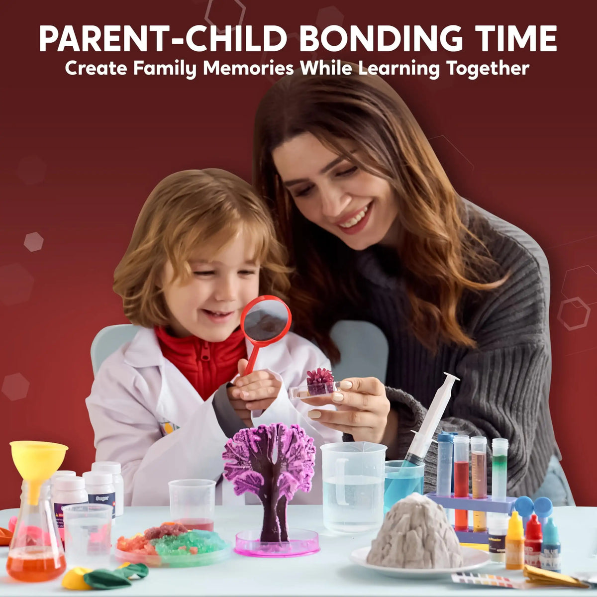 Joyfy science kit for kids with colorful lab tools and liquids; parent and child explore science