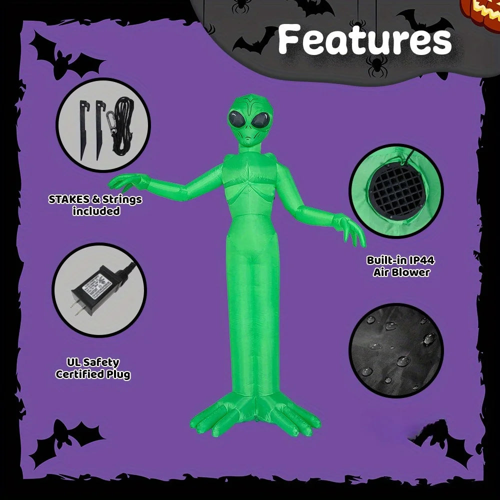 9 ft green alien inflatable outdoor Halloween decoration with built-in LEDs by S And B Enterprise.