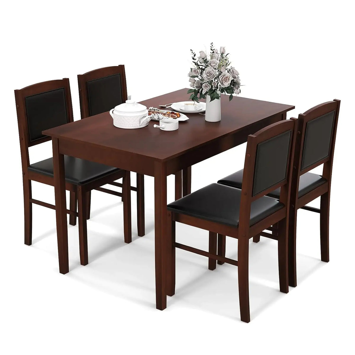 Solid Wood Dining Table Set With Four Upholstered Chairs