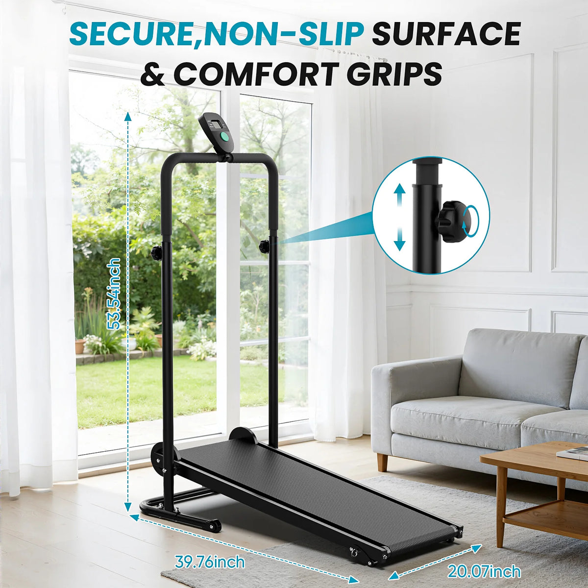 Akluer non-motorized foldable treadmill by S And B Enterprise; black frame, LCD monitor, compact for small spaces