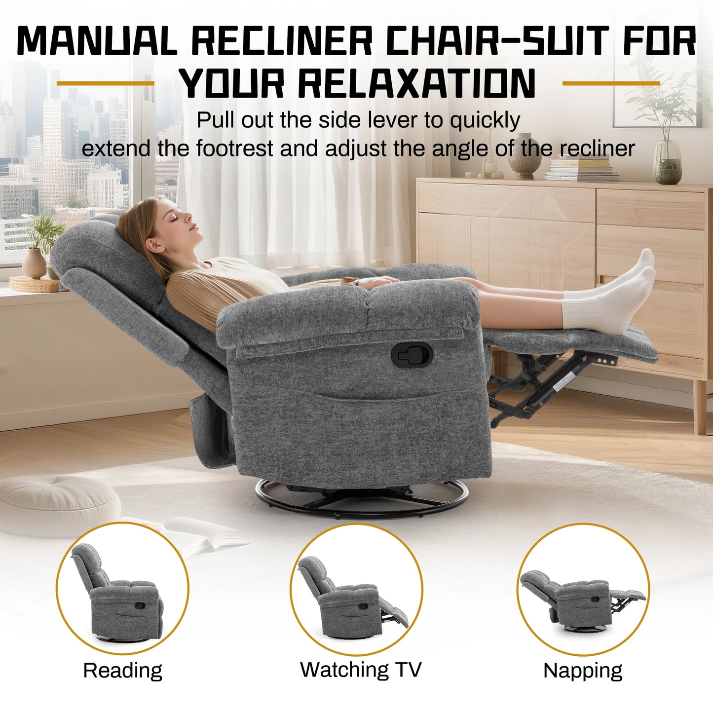 Korser gray chenille swivel rocker recliner chair with side pockets, designed for small spaces.