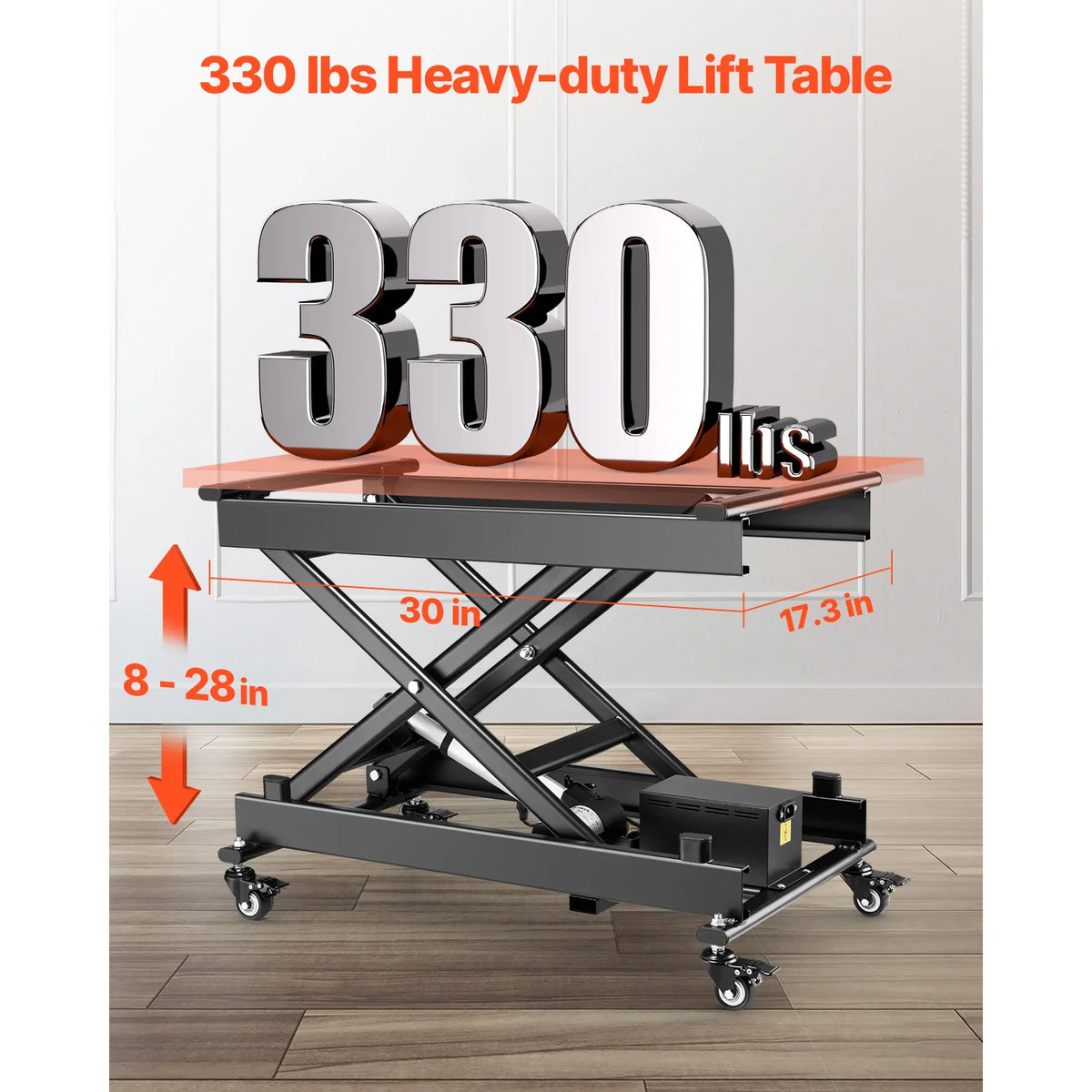 SucceBuy electric lift table with 330 lb capacity; scissor lift with 8–28 in adjustable height for material handling